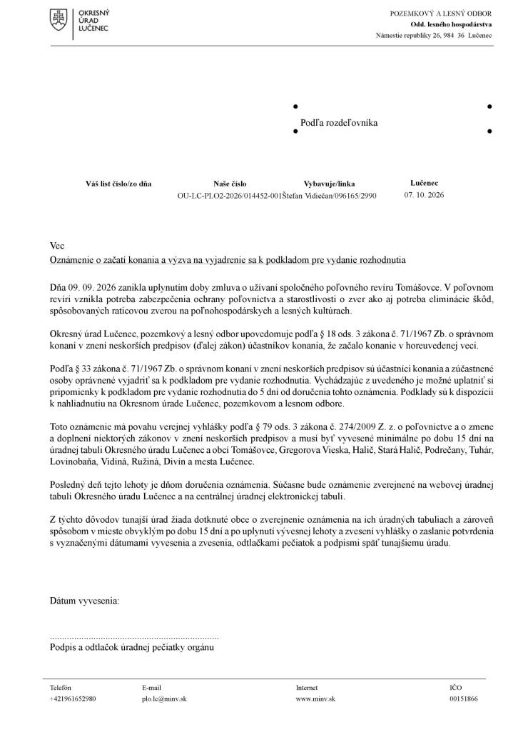 Oznámenie o začatí konania Oznámenie o začatí konania